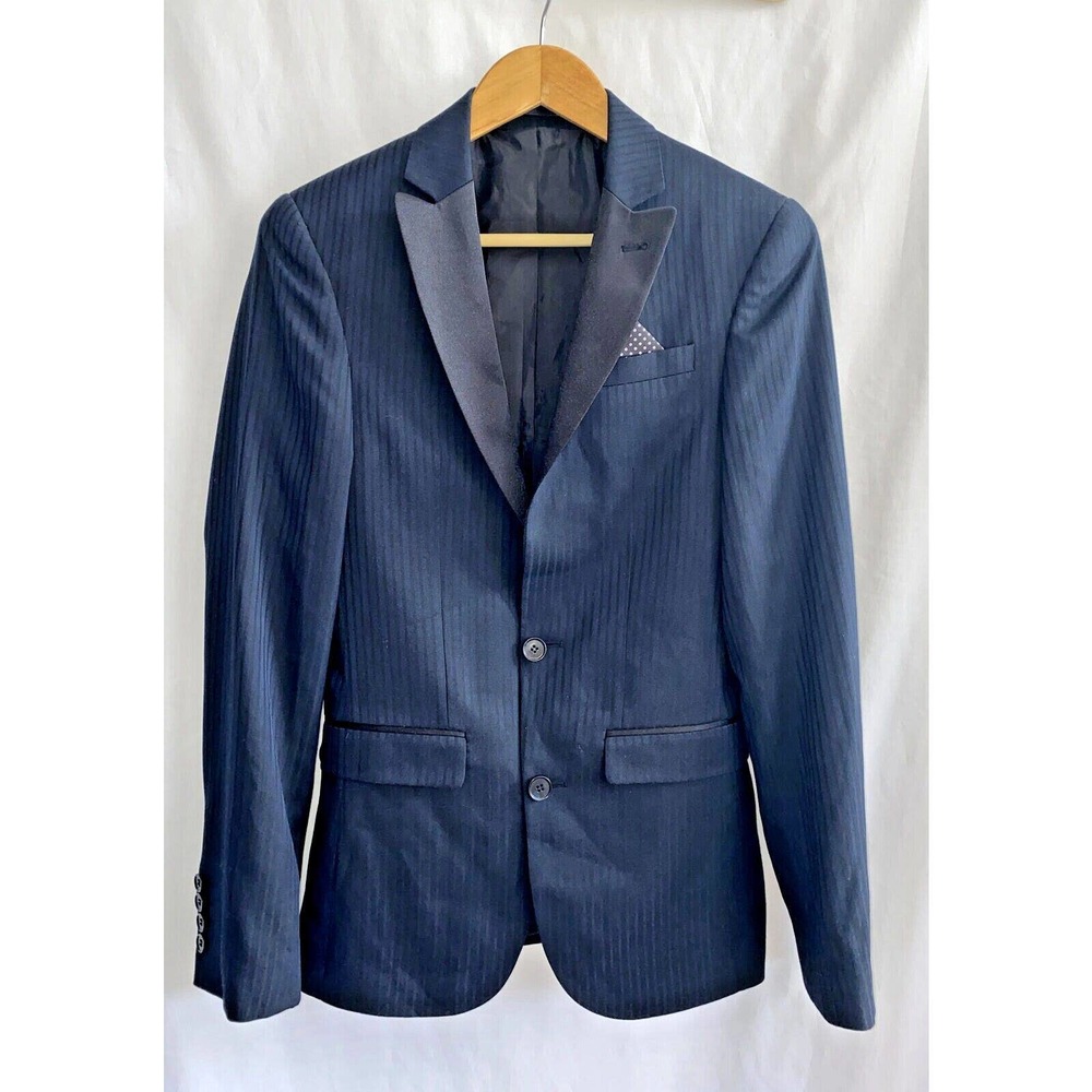ASOS Mens Black & Navy Stripe Suit Jacket Blazer Pocket Square Size 32